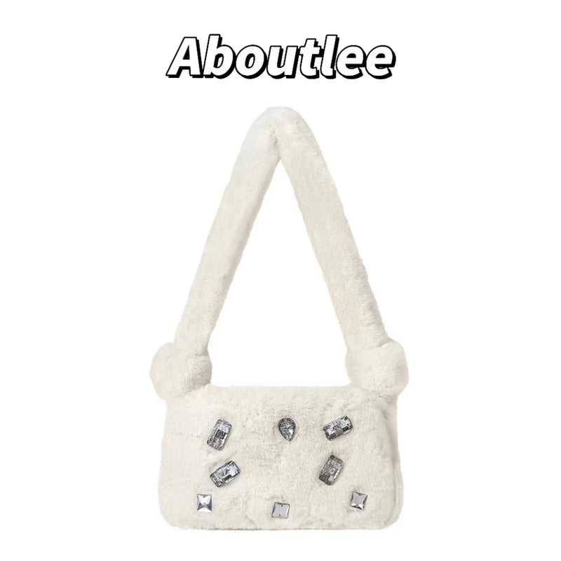 Furry Gemstone Decorated Handbag Soft Shoulder Bags Y2k Style