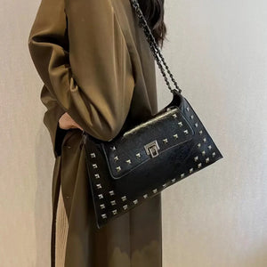 Vintage Leather Envelope Bag with Rivet Decoration