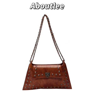 Vintage Leather Envelope Bag with Rivet Decoration