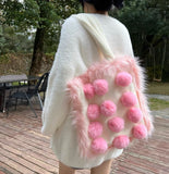 Aboutlee Pink Furry Tot Bag Large Capacity Soft Fur Ball Decorated Handbag Women