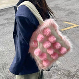 Aboutlee Pink Furry Tot Bag Large Capacity Soft Fur Ball Decorated Handbag Women