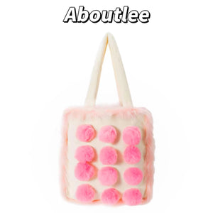 Aboutlee Pink Furry Tot Bag Large Capacity Soft Fur Ball Decorated Handbag Women