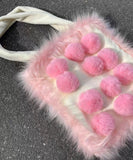 Aboutlee Pink Furry Tot Bag Large Capacity Soft Fur Ball Decorated Handbag Women