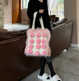 Aboutlee Pink Furry Tot Bag Large Capacity Soft Fur Ball Decorated Handbag Women