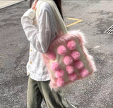Aboutlee Pink Furry Tot Bag Large Capacity Soft Fur Ball Decorated Handbag Women