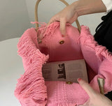 Pink Embroidery Tote Bag Large Capacity Shopping Casual Tassel Women Side Bag