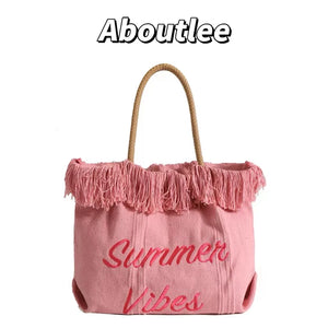 Pink Embroidery Tote Bag Large Capacity Shopping Casual Tassel Women Side Bag