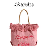 Pink Embroidery Tote Bag Large Capacity Shopping Casual Tassel Women Side Bag