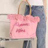 Pink Embroidery Tote Bag Large Capacity Shopping Casual Tassel Women Side Bag