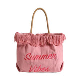 Pink Embroidery Tote Bag Large Capacity Shopping Casual Tassel Women Side Bag