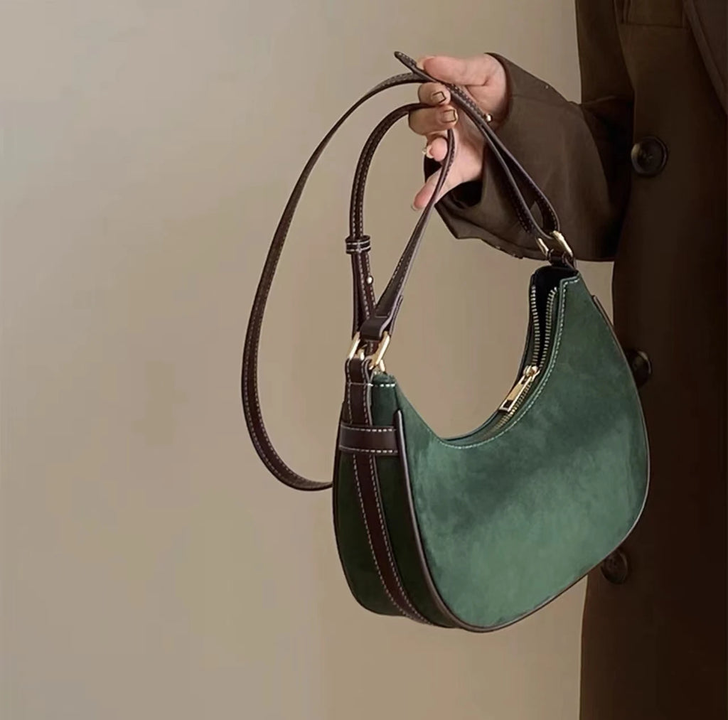 Aboutlee Vintage Green Underarm Bag Plush Crescent Handbag