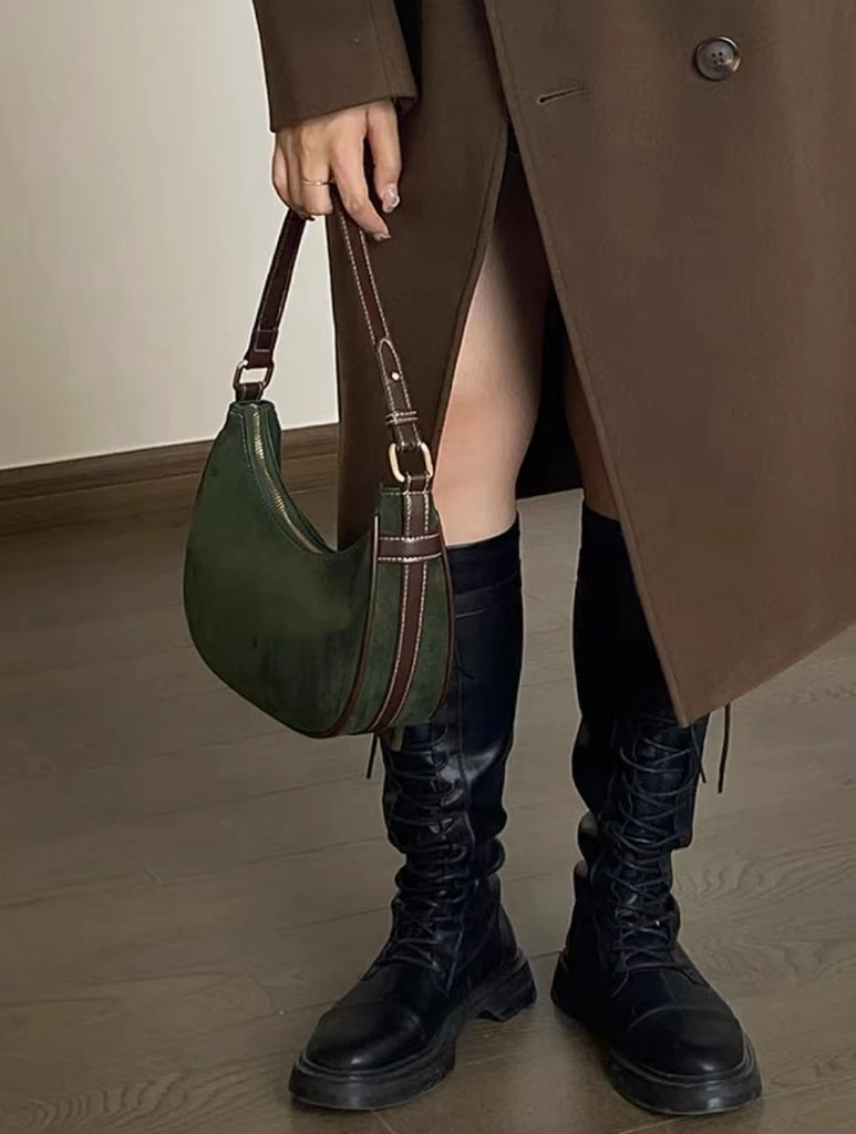 Aboutlee Vintage Green Underarm Bag Plush Crescent Handbag