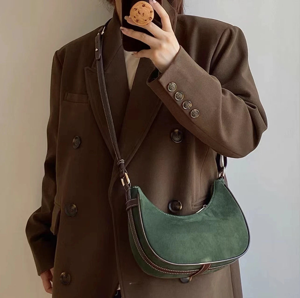 Aboutlee Vintage Green Underarm Bag Plush Crescent Handbag