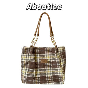 Aboutlee Vintage Plaid Pattern Brown Handbag College Style Women Bag