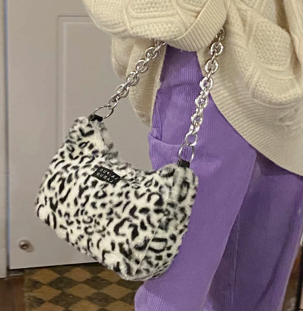 Y2k Leopard Pattern Furry Handbag Chain Side Bag