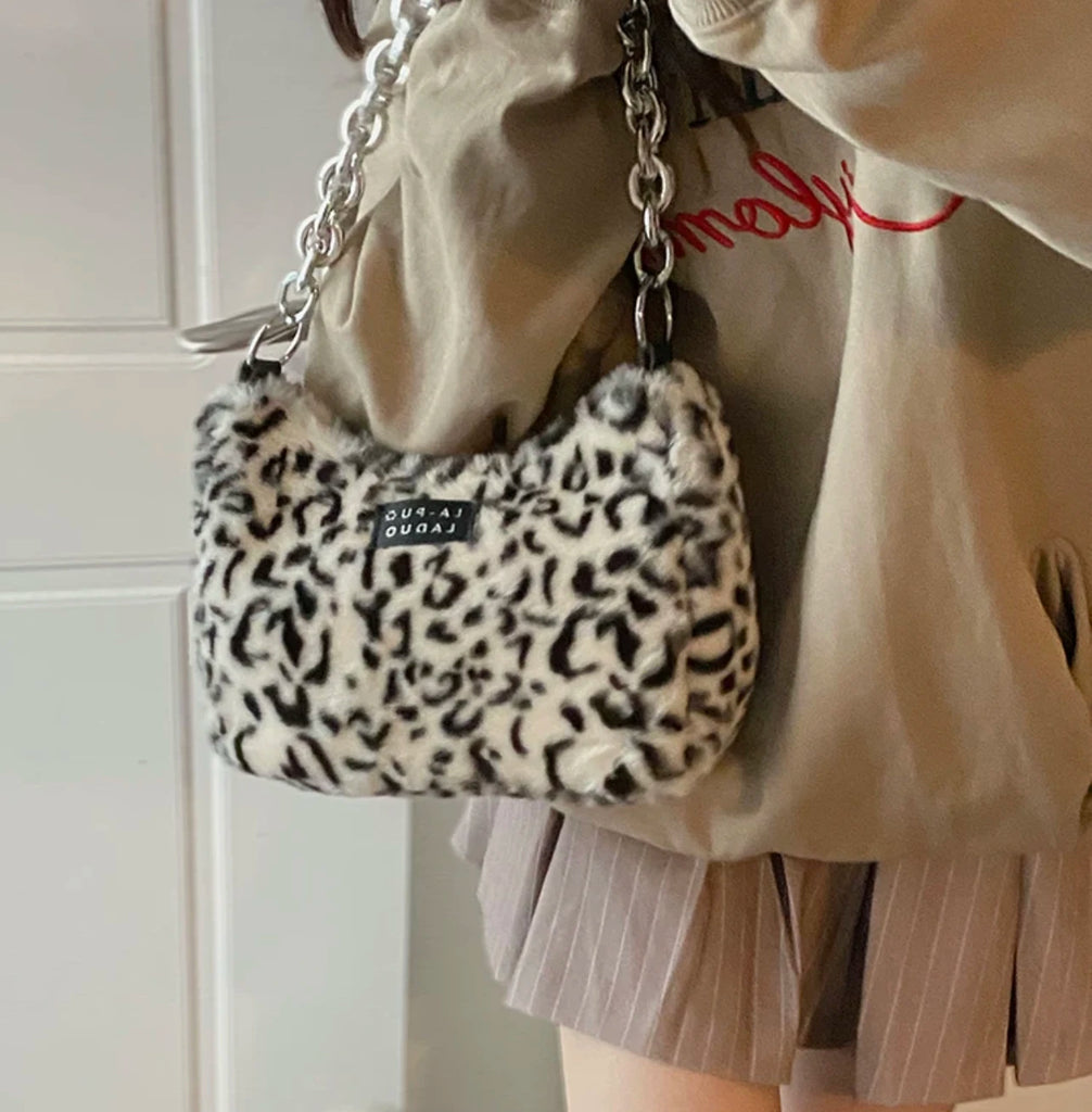 Y2k Leopard Pattern Furry Handbag Chain Side Bag