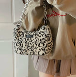 Y2k Leopard Pattern Furry Handbag Chain Side Bag