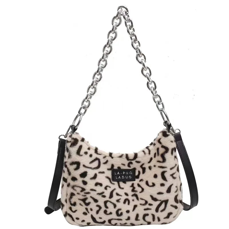Y2k Leopard Pattern Furry Handbag Chain Side Bag