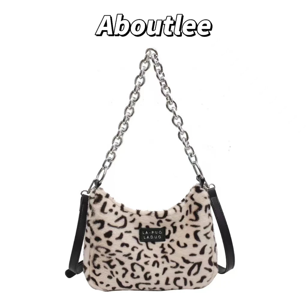 Y2k Leopard Pattern Furry Handbag Chain Side Bag