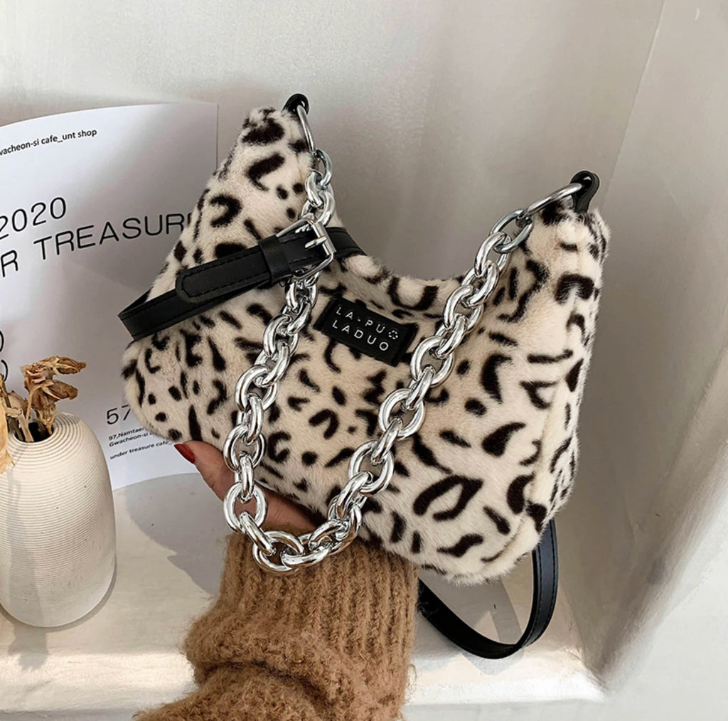 Y2k Leopard Pattern Furry Handbag Chain Side Bag