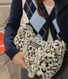 Y2k Leopard Pattern Furry Handbag Chain Side Bag