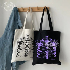 Abstract Art Gothic Skull Print Canvas Bag Skeleton Anime Shopper Bags Har...