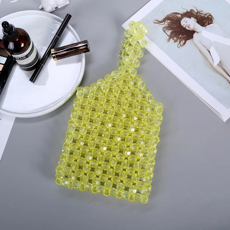 Acrylic Beading Top Handle Bag Pink Yellow Mini Crystal Beads Phone Bag