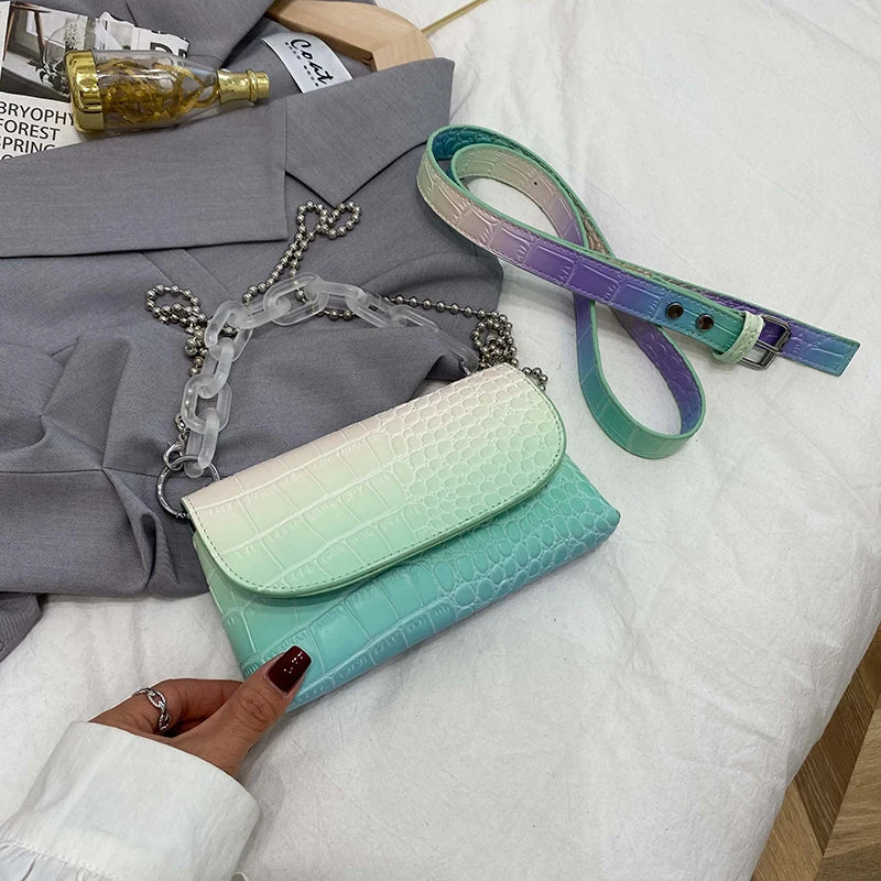 Crocodile Pattern Mini PU Leather Handbag with Acrylic Chain
