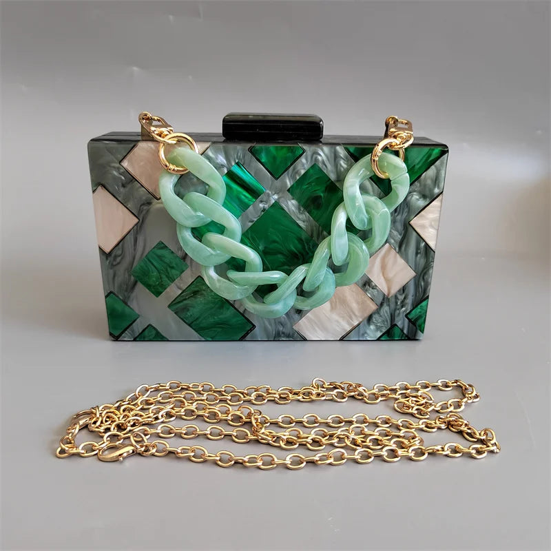 Champagne Geometric Evening Clutch Bag Chain Shoulder Purse