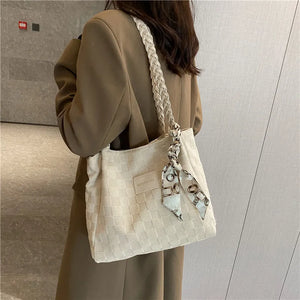 Stylish Canvas Shoulder Bag with Scarf Detail