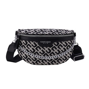 Plaid Waist Bag Canvas PU Chain Fanny Pack Wide Strap Crossbody Chest Bag