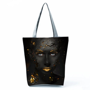 African Girl Print Handbags Art Woman Tote Bag Foldable Shopper Bag