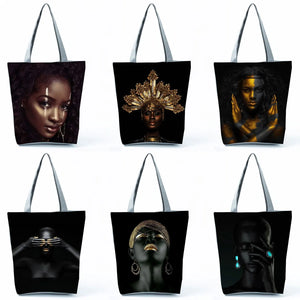 African Girl Print Handbags Art Woman Tote Bag Foldable Shopper Bag