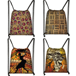 African Style Backpack Kids School Bags Drawstring Afro Ladies Print