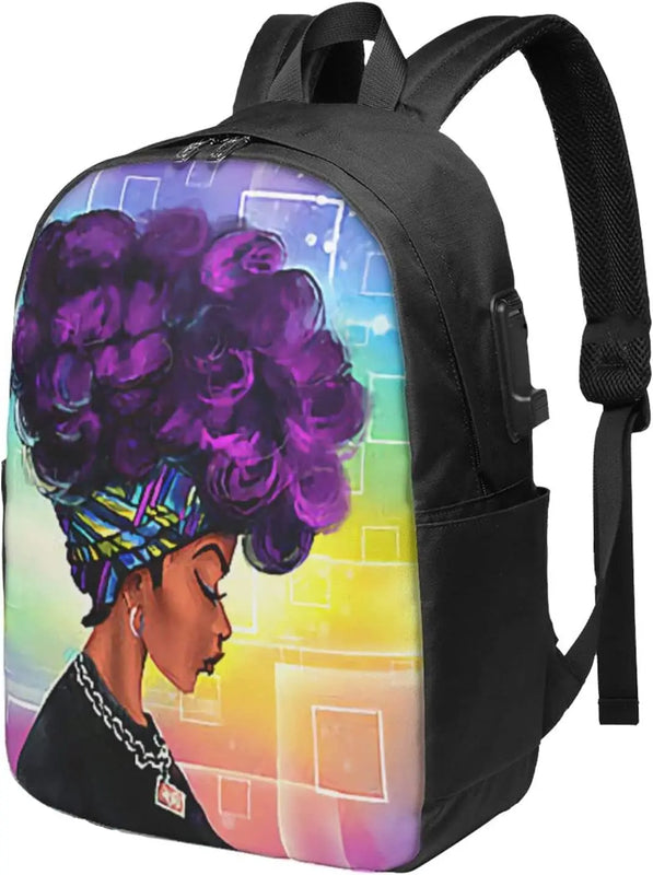 Purple Hair African Women Laptop Backpack with USB Port
