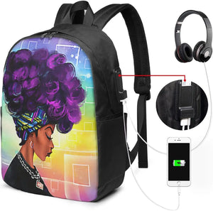 Purple Hair African Women Laptop Backpack with USB Port