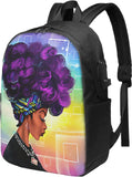 Purple Hair African Women Laptop Backpack with USB Port