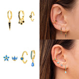 925 Silver Earrings Set Turquoise Crown Star Moon Zircon Snake Clips