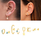 925 Silver Earrings Set Turquoise Crown Star Moon Zircon Snake Clips