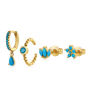 Silver Turquoise Crown Star Moon Zircon Snake Earrings Set