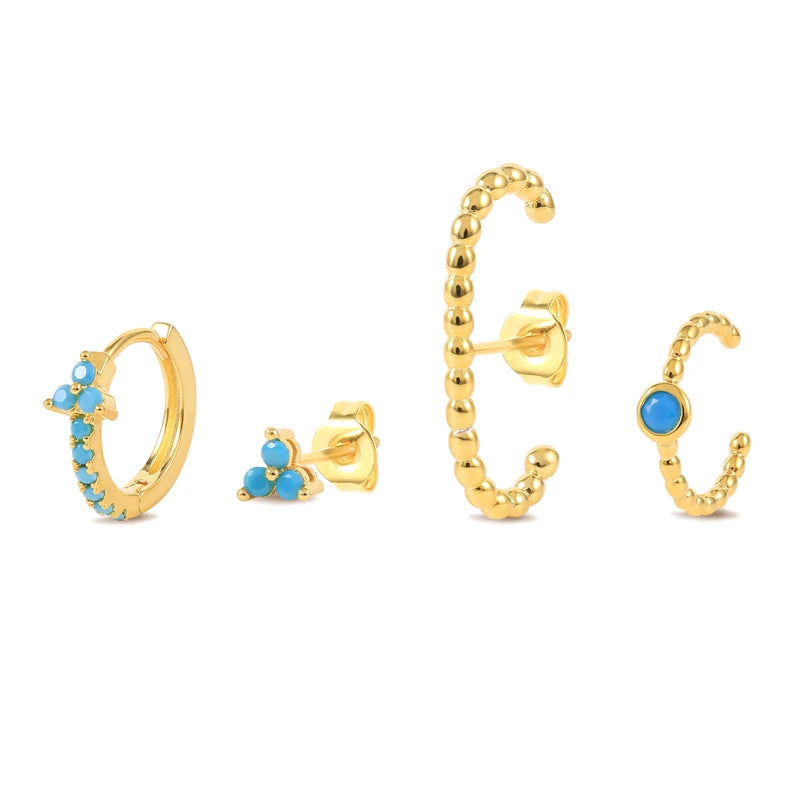 Silver Turquoise Crown Star Moon Zircon Snake Earrings Set