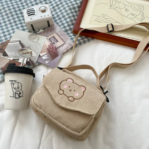 Embroidery Bear Canva Crossbody Bag Portable Mobile Phone Bag