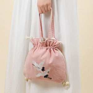 Chinese Style Crane Drawstring Bag Antiquity National Embroidery Bucket