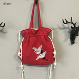 Chinese Style Crane Drawstring Bag Antiquity National Embroidery Bucket