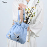 Chinese Style Crane Drawstring Bag Antiquity National Embroidery Bucket