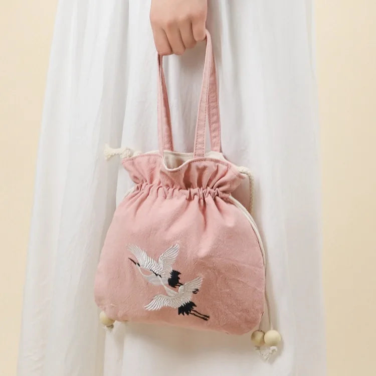 Chinese Style Crane Drawstring Bag Antiquity National Embroidery Bucket