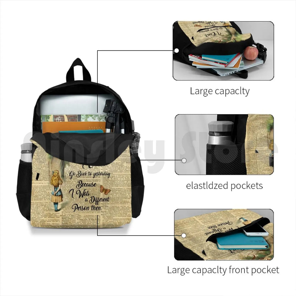 Alice In Vintage Dictionary Art Outdoor Hiking Backpack Waterproof