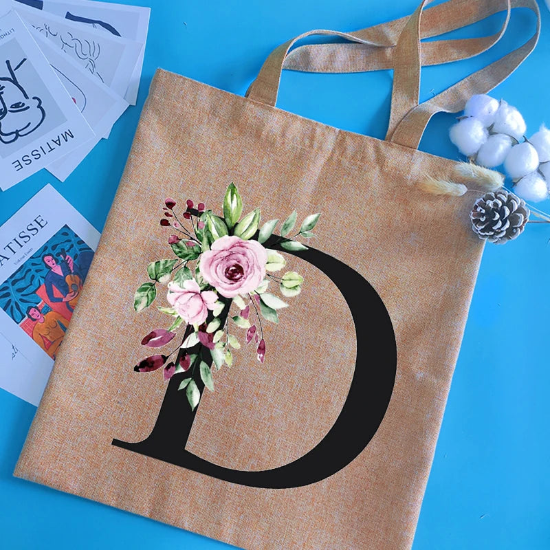 Alphabet Print Shopping Bag Canvas Bags Large Capacity College Handbag