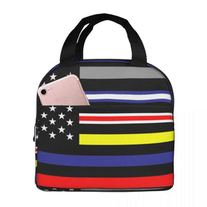USA Thin Lines Flag Cooler Bag Zipper Thermal Lunch Box Tote Food Bag