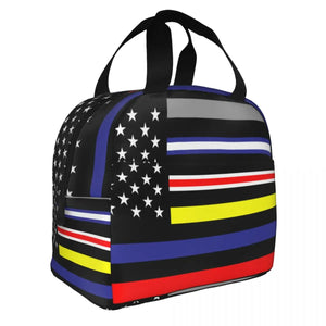 USA Thin Lines Flag Cooler Bag Zipper Thermal Lunch Box Tote Food Bag